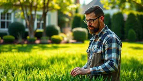 TruGreen lawn care specialist inspecting grass near suburban home.