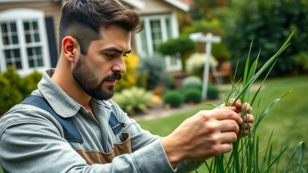 TruGreen specialist examines lawn for military discount offer.