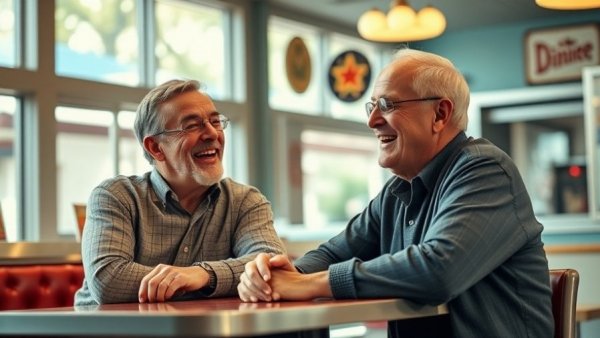 Older men enjoying a conversation in a diner, related to senior discounts.