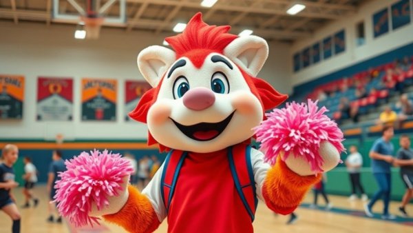 School mascot cheering with pink pom-poms, autistic student mascot.