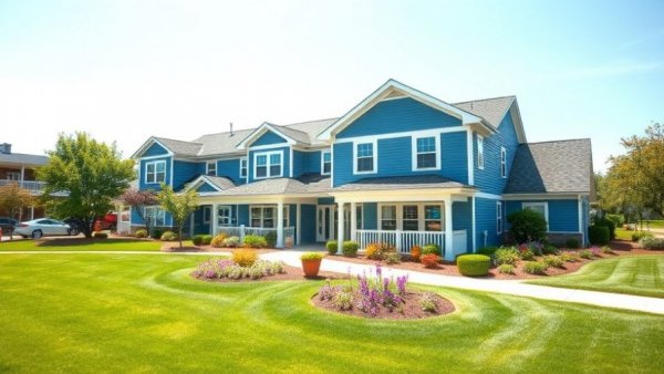 Charming senior living facility in Muskegon with manicured lawns.