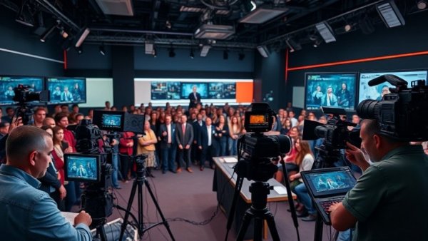 Press conference setup with cameras and screens in a digital newsroom.