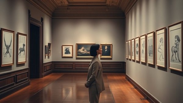 Man admiring framed artworks in a museum gallery, drawing techniques for older adults focus.