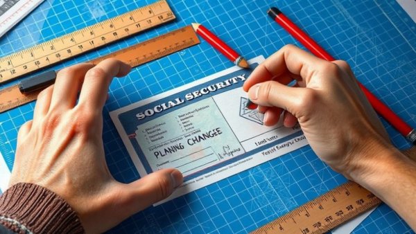 Illustrated changes to Social Security card on blueprint grid.
