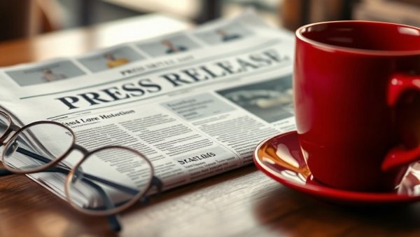 Press release newspaper on desk with coffee cup and glasses.