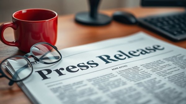 Press release on desk with coffee and glasses related to lawn fertilization and weed control services near Muskegon.