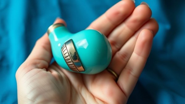 Close-up of modern turquoise oral sex toy 2025 in hand, vibrant blue background.