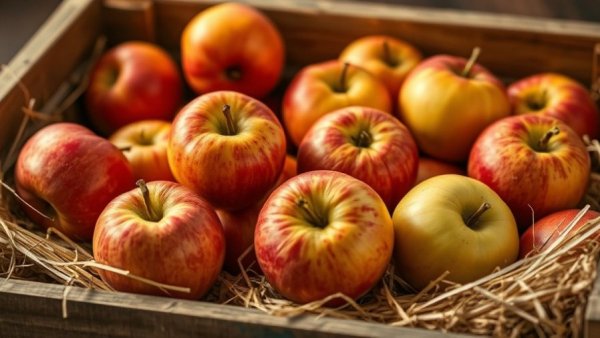 Freshly harvested apples in a crate with straw for apple harvesting and storage tips.