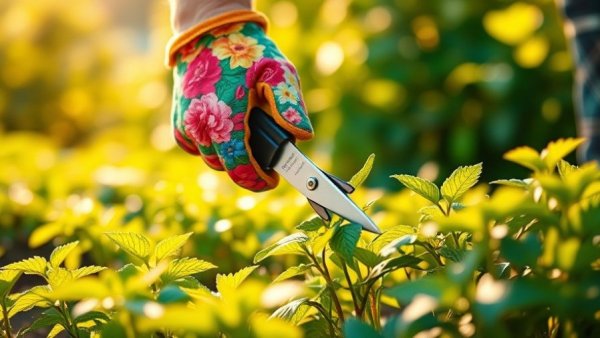 Gardener pruning plants in autumn garden bed, colorful gloves.