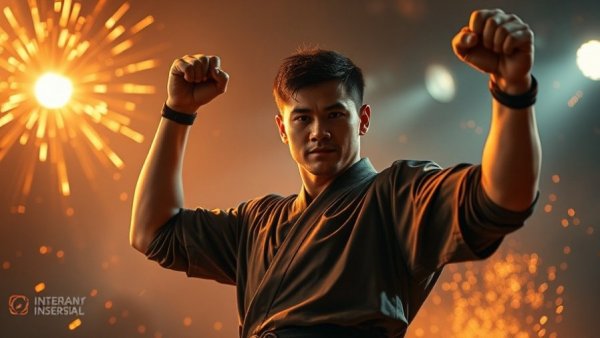 Martial artist raising fist triumphantly with glowing background, symbolizing character coaching in martial arts.