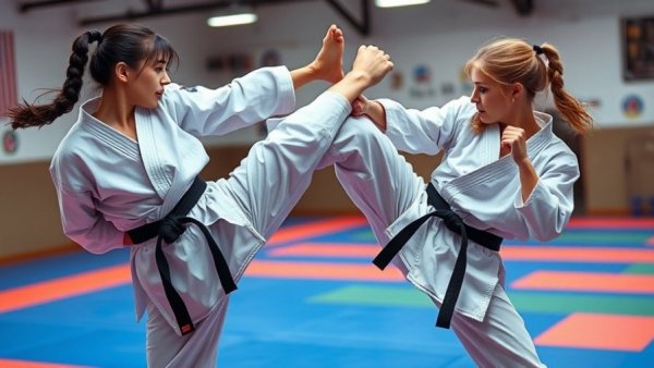 Iranian women karate athletes in dynamic mid-kick action.