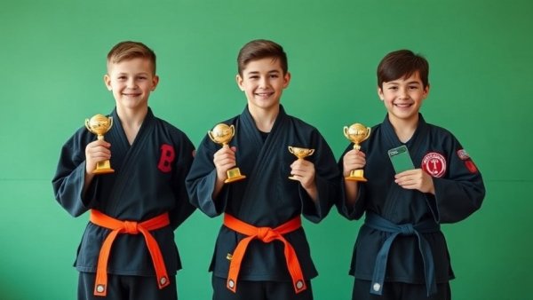 Karate students championship winners with trophies.