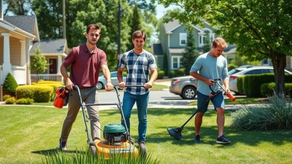 Lawn care services in Shelby MI with young men maintaining a yard.