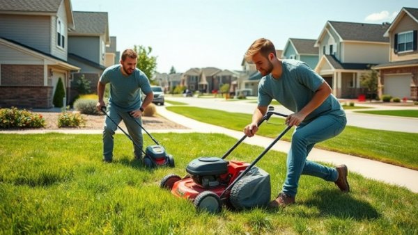 Lawn care Shelby MI with young men maintaining grass and trimming edges.