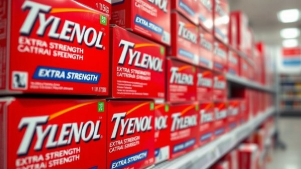 Tylenol boxes on shelf potentially related to Tylenol autism link.