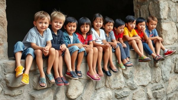 Children sitting on a wall showcasing diverse footwear, autism support services Michigan.