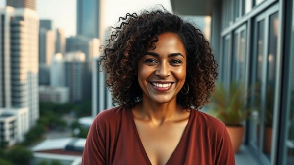 Confident woman in cityscape representing healthcare tech in Muskegon.
