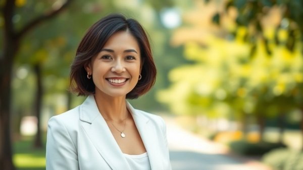 Smiling woman outdoors, affordable senior housing in Muskegon.