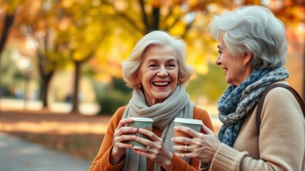 Joyful senior woman in park enjoying coffee; senior living options Muskegon.
