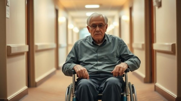 Affordable retirement housing options Muskegon scene with elderly man in hallway.