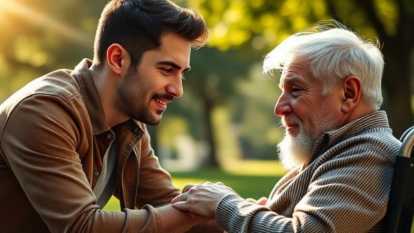 Young man comforting elderly Alzheimer's patient in park