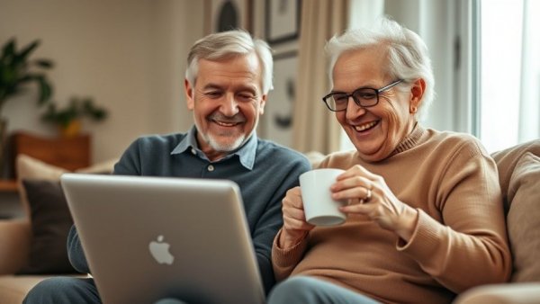 Older couple discussing Social Security benefit increase 2026 while using a laptop.