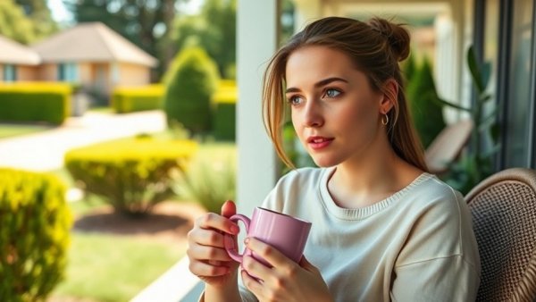 Young woman with pink mug on porch, reflecting on eldest daughter syndrome.
