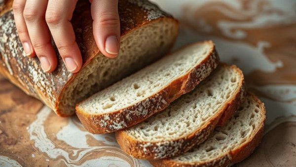 Sourdough bread loaf with hand touching slices, gluten sensitivity discussion.