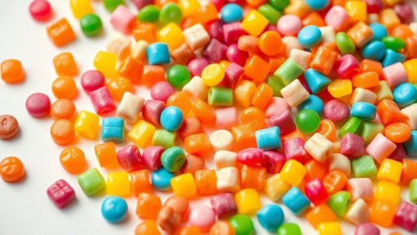 Colorful candies illustrating how sugar affects skin aging.