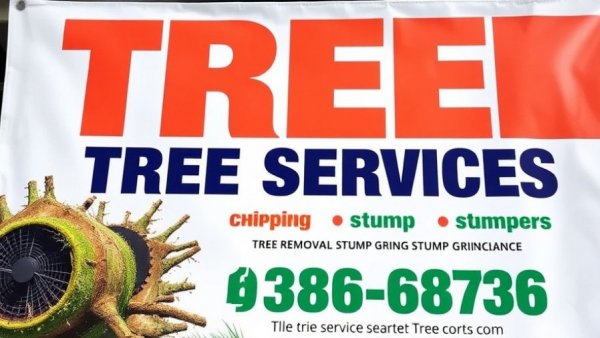 Advertisement for tree services with contact details and offerings, not related to lawn fertilization and weed control.