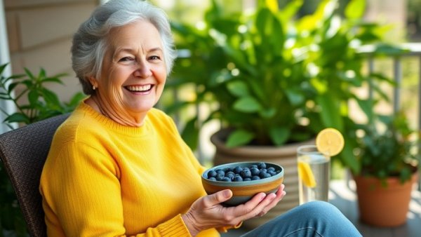 Healthy living advice for senior women Muskegon: Smiling senior woman enjoying blueberries and water.