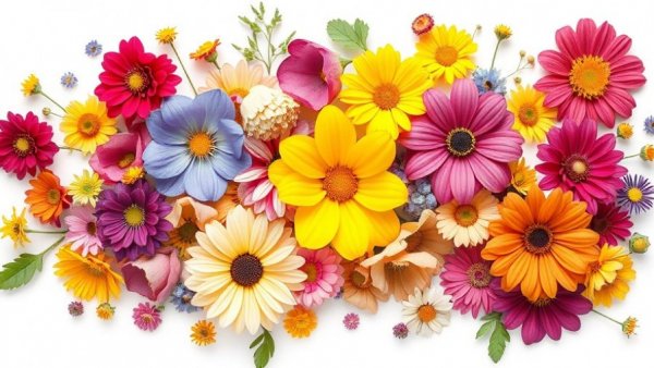 Colorful pressed flowers arranged on white background, showcasing best flowers for pressing.