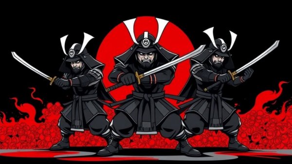 Stylized samurai warriors in action stances, practical karate training Gurnee