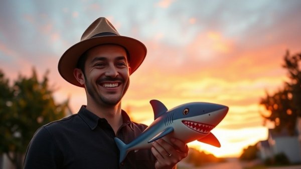Cheerful man at sunset with toy shark, vibrant sky.