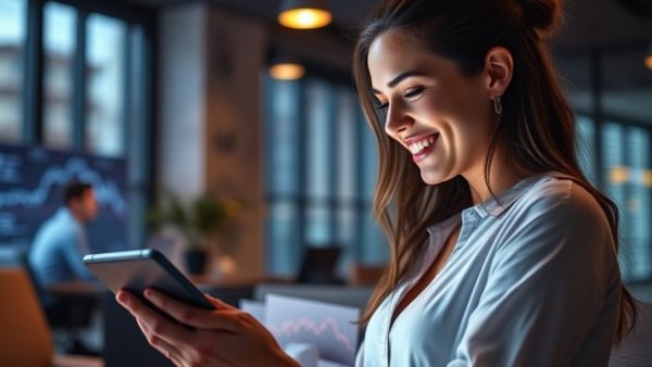 Smiling woman with tablet analyzing stock growth, glowing graph overlay.