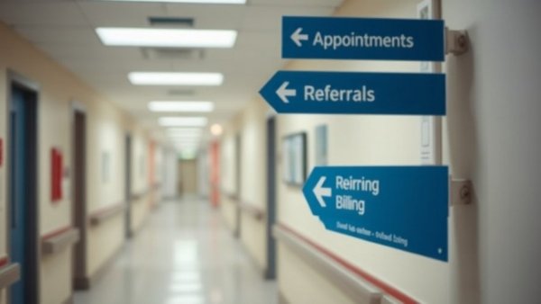 Medicaid overbilling New York, hospital hallway with signs for billing.