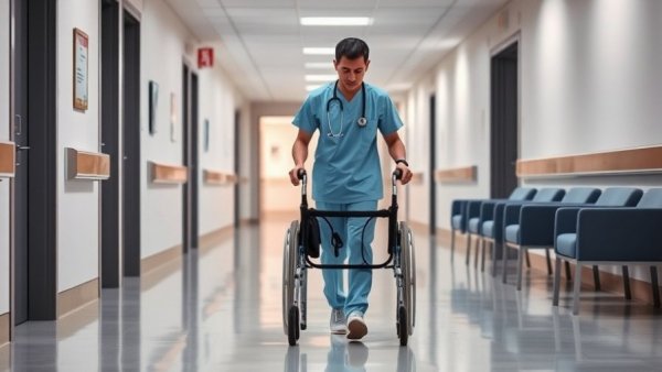 Healthcare worker in a corridor addressing New York Medicaid oversight issues.