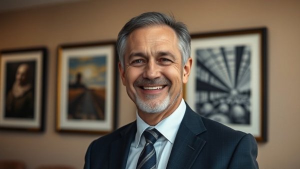 Middle-aged man in suit smiling indoors with framed art, community outreach senior care.