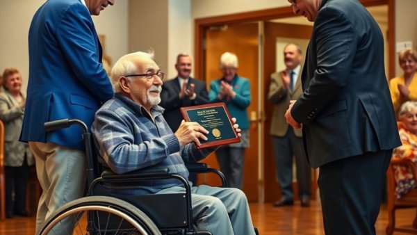 Veterans Day celebration at senior care center, senior receiving award.