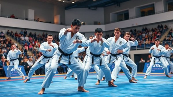 Martial arts class performance in Gurnee with synchronized movements.