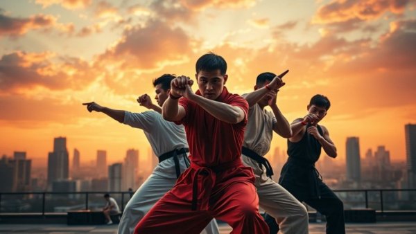 Martial arts scene with city sunset background, Karate classes near Gurnee.