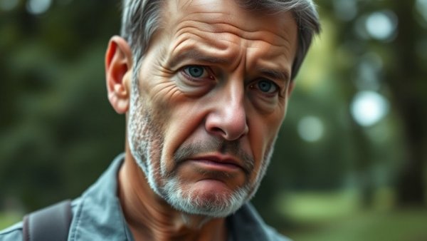 Concerned man outdoors, tearful expression, soft lighting.