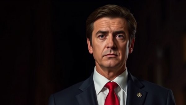 Formal male figure with serious expression in a dark setting.