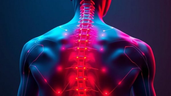 Futuristic human back with flexible iontronic sensors in vibrant red and blue hues.