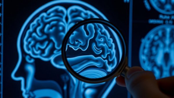 Brain MRI scan with magnifying glass for predictive tool for Alzheimer's risk