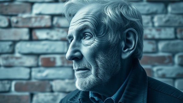 Elderly man blending with clock face on textured wall, Alzheimer's risk.