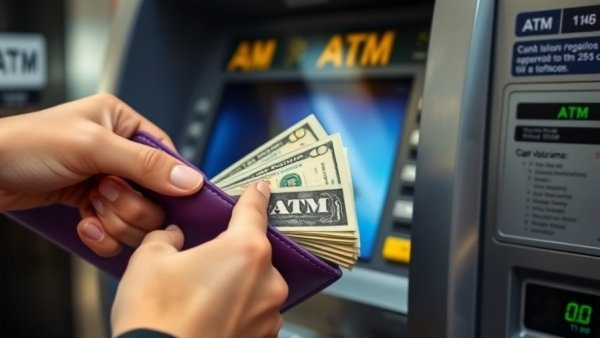Dollar bills in purple wallet near ATM, symbolizing financial gain.
