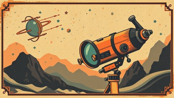 Retro sci-fi poster with telescope and vintage design elements.
