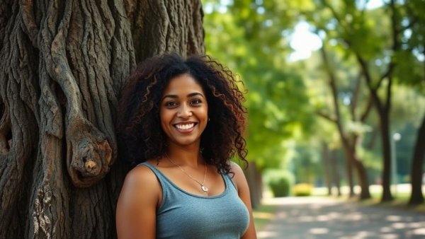 Tree Davis Executive Director Yael Franco smiling by a tree.