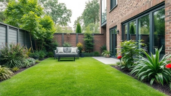 Modern garden showcasing lawn care tasks for November.